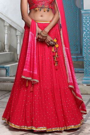 Насыщенно-розовый и розовый индийский женский свадебный костюм лехенга (ленга) чоли из креп-жоржета и шёлка, украшенный вышивкой